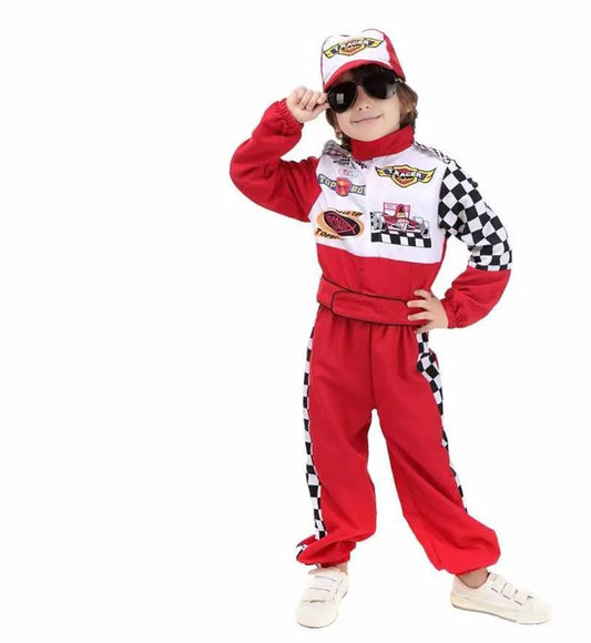 Kids Boys Halloween Racer Cosplay Red Race Car Driver Uniform Children`