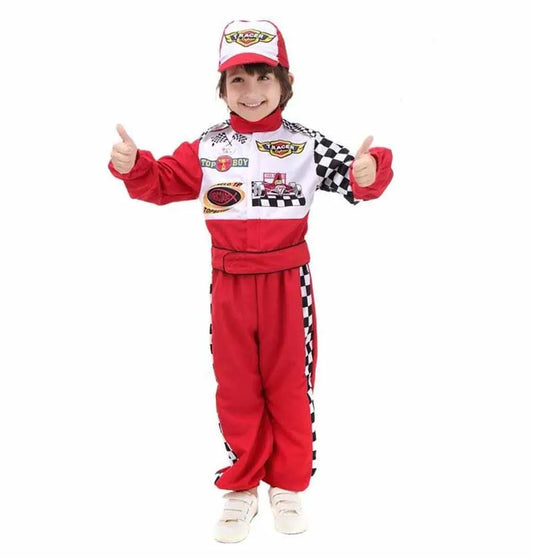 Kids Boys Halloween Racer Cosplay Red Race Car Driver Uniform Children`