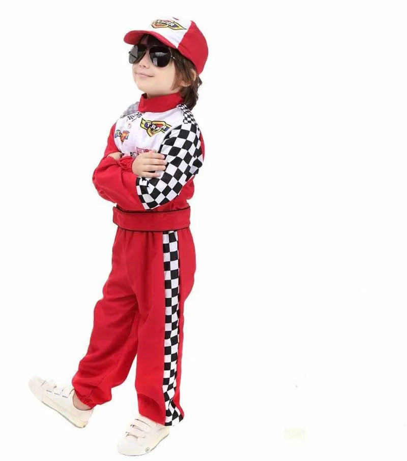 Kids Boys Halloween Racer Cosplay Red Race Car Driver Uniform Children`