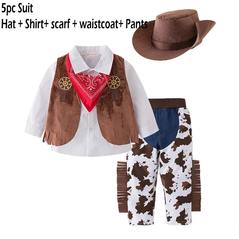 3PCS Toddler Baby Boy Girl Clothes Sets Carnival Fancy Dress Party Costume Cowboy Outfit Romper +Hat+Scarf Sets