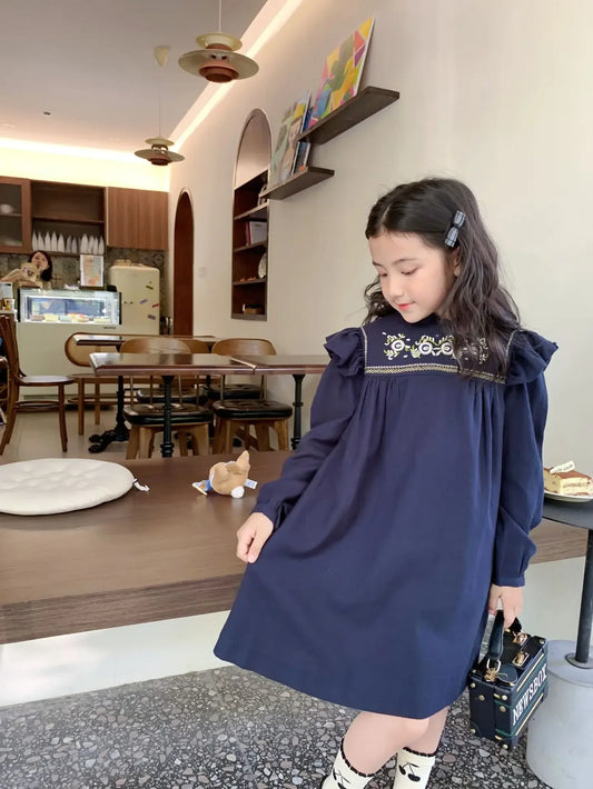 BP 2023 AW Kids Dress for Girls Cute Plaid Embroidery Long Sleeve Princess Dress 3-16 Years