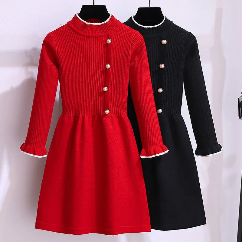 2024 Autumn Winter Teenagers Girls Kids Knit Sweater Dresses Princess pearl clothes