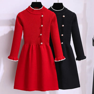 2024 Autumn Winter Teenagers Girls Kids Knit Sweater Dresses Princess pearl clothes