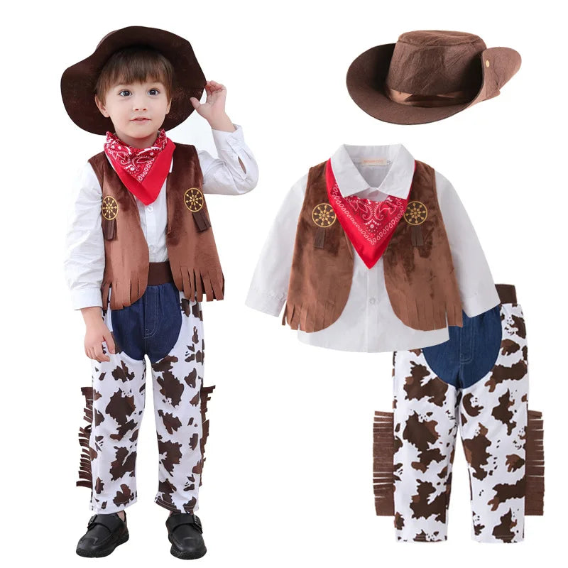 3PCS Toddler Baby Boy Girl Clothes Sets Carnival Fancy Dress Party Costume Cowboy Outfit Romper +Hat+Scarf Sets