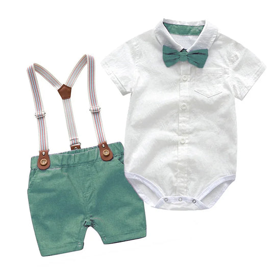 Baby Boy Clothes Summer Gentleman Birthday Suits Newborn Party Dress Soft Cotton Solid Rmper + Belt Pants Infant Toddler Set