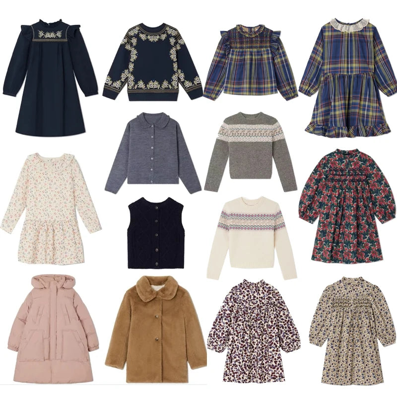BP 2023 AW Kids Dress for Girls Cute Plaid Embroidery Long Sleeve Princess Dress 3-16 Years