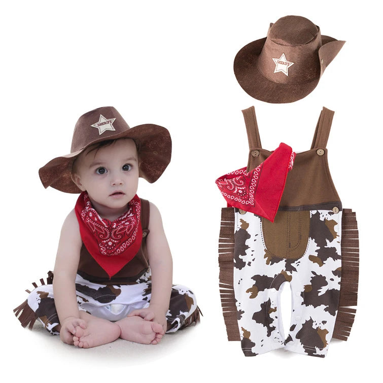 3PCS Toddler Baby Boy Girl Clothes Sets Carnival Fancy Dress Party Costume Cowboy Outfit Romper +Hat+Scarf Sets