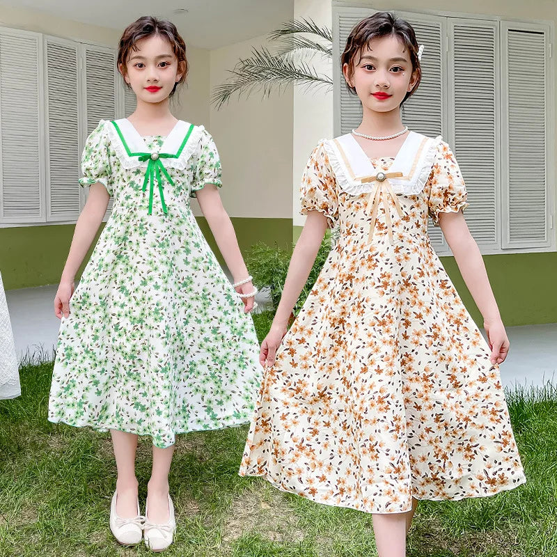 2024 Girls Summer Elegant Floral Pearl Green Dress | Casual Princess Teenager Fashion | Sizes 5-13 Years
