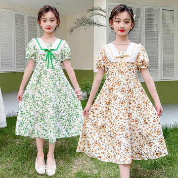 2024 Girls Summer Elegant Floral Pearl Green Dress | Casual Princess Teenager Fashion | Sizes 5-13 Years