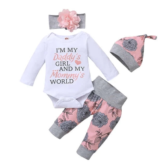 0-18 Months Newborn Baby Girl Clothing Long Sleeve Romper Rose Pant with Hat & Headband Spring 4PCS Outfit Toddler Girl Clothes
