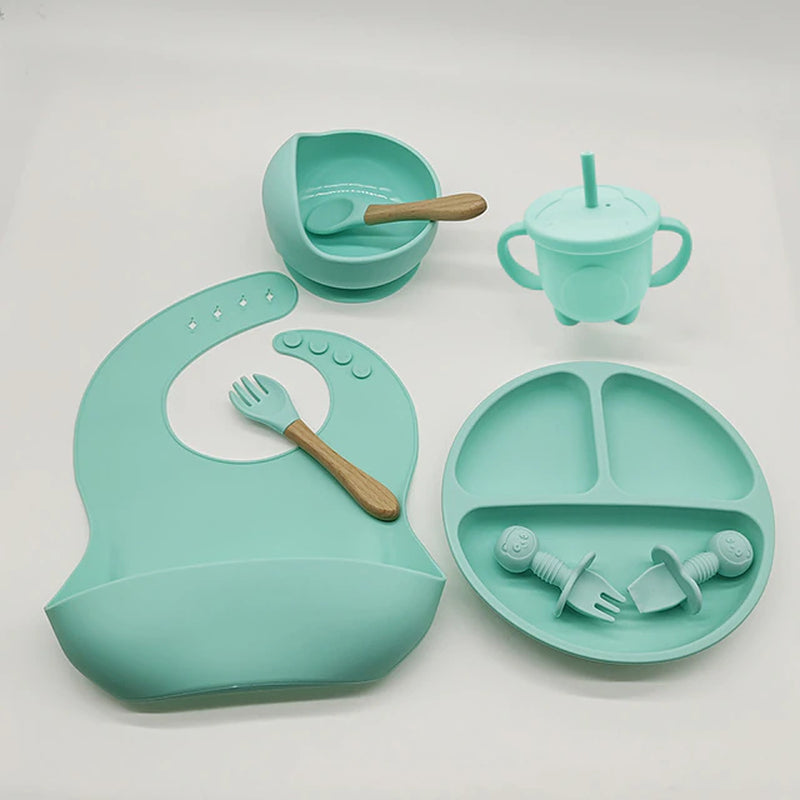 suction cups, forks, spoons, bibs, straws, cups