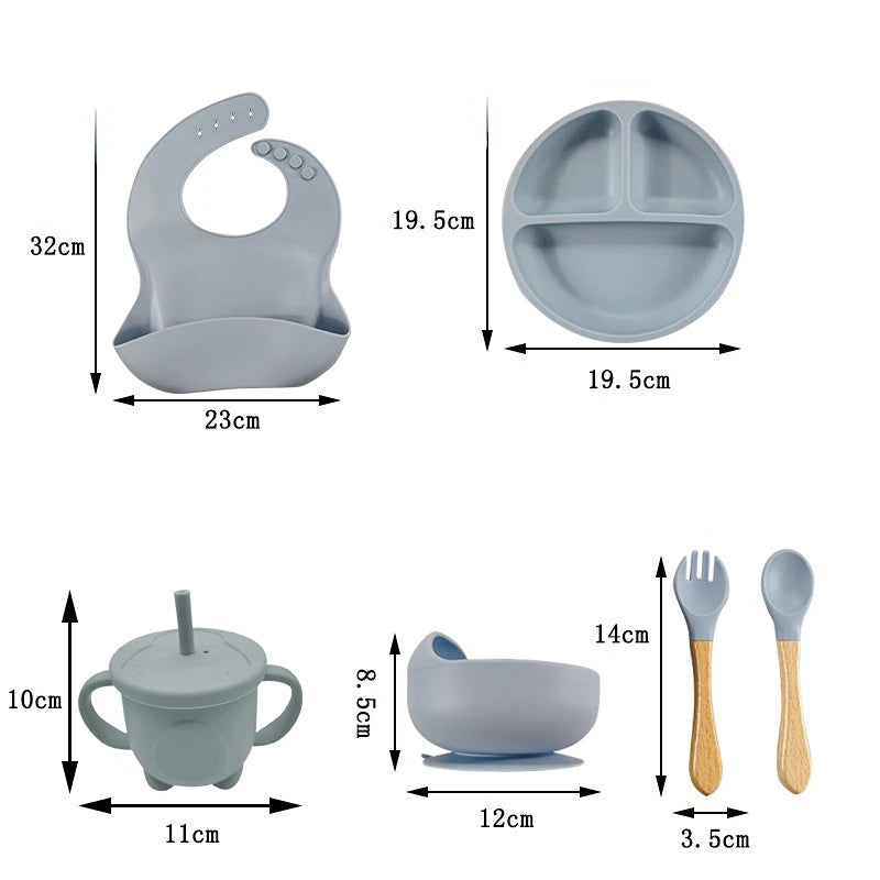 suction cups, forks, spoons, bibs, straws, cups