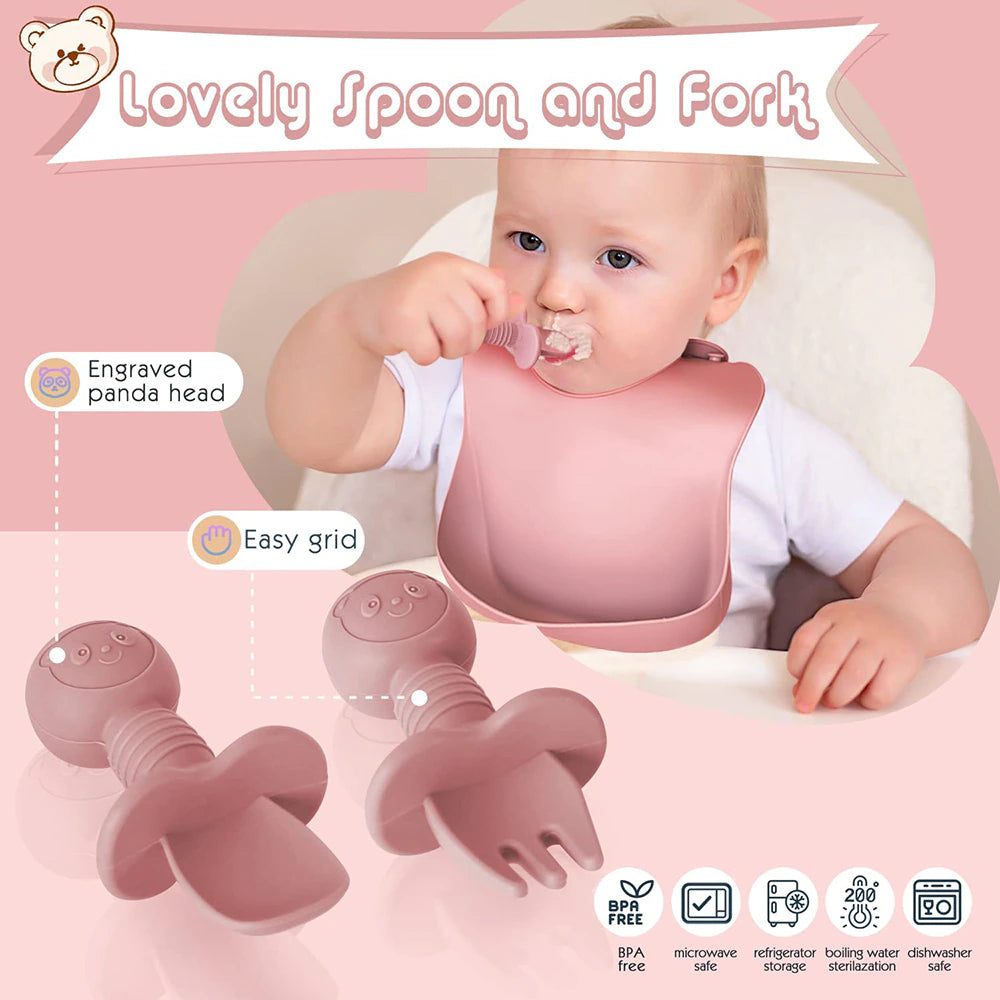 suction cups, forks, spoons, bibs, straws, cups