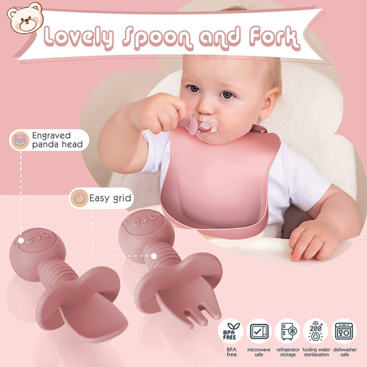 Children'S Dishes Set Baby Silicone 6/8-Piece Tableware Set Suction Cups Forks Spoons Bibs Straws Cups Mother and Baby Supplies